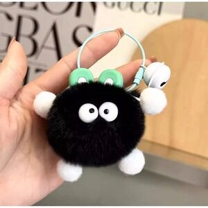 Cute Black Fluffy Monster Keychain with‎ Bell and Green Strap